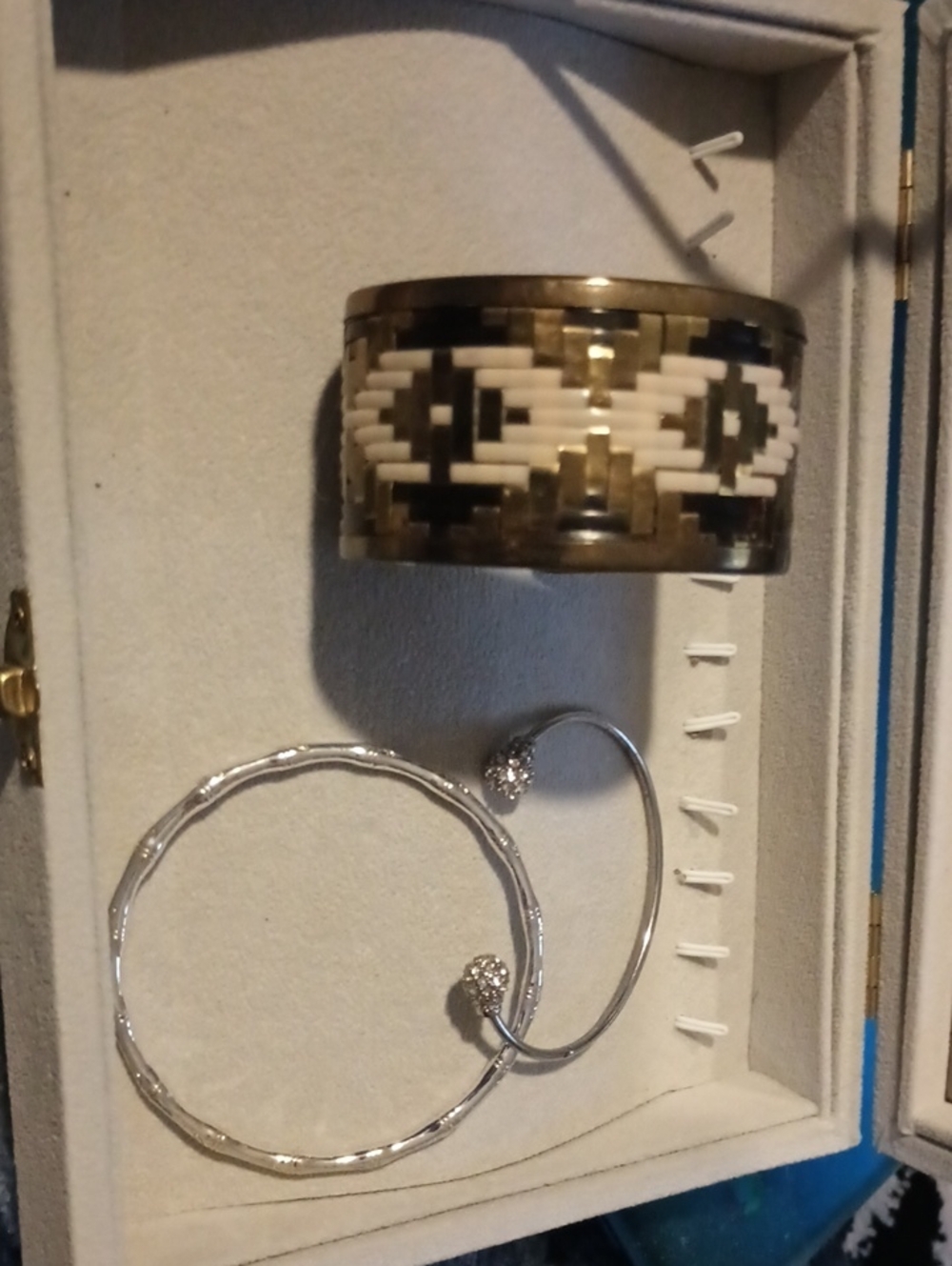 Beaded Mosaic Pattern Wide Cuff Bracelet in Black, White & Gold